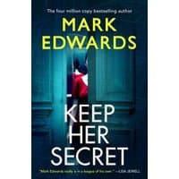 "Keep Her Secret" book by Mark Edwards, dark cover with a woman in red dress behind teal doors.