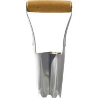 Kent and Stowe bulb planter with carbon steel body, wooden handle, and serrated edge for easy soil penetration.