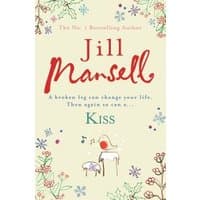 Cream-colored book cover, "Kiss" by Jill Mansell, features whimsical illustrations of flowers and musical notes.