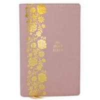 Pink leathersoft Bible with gold floral design, thumb indexed, large print, red letter edition by Thomas Nelson.