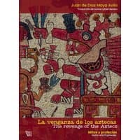"La venganza de los aztecas book with intricate Aztec art cover in red and brown tones"
