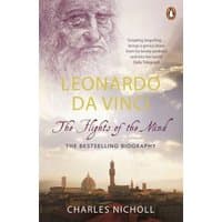 "Leonardo Da Vinci book cover with Da Vinci's sketch, golden title, and Florence skyline at sunset."
