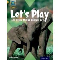 Children's book "Let's Play" with elephants on cover, green background, Oxford logo at bottom right.