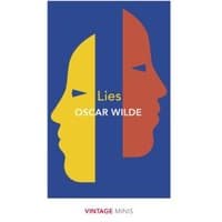 Blue book cover with yellow and red face profiles, titled "Lies" by Oscar Wilde, part of Vintage Minis series.