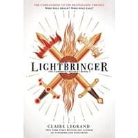 "Lightbringer book cover with crossed swords and flame design by Claire Legrand, part of the Empirium Trilogy"