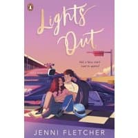 "Lights Out" book by Jenni Fletcher, features a couple sitting on a race car, with a sunset backdrop and racing helmets nearby.