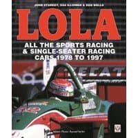 "Lola racing cars book cover, red title, green and white race car image, 1978-1997 sports and single-seater focus"