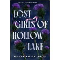 "Lost Girls of Hollow Lake book cover with purple thistles and pink ribbon on dark background"