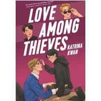 "Love Among Thieves book cover, pink gradient background, illustrated characters, bold white title text"