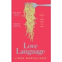 Red book cover "Love Language" with fork twirling spaghetti, by Linda Marigliano, tagline about family, music, and pasta.
