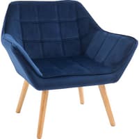 Blue velvet-feel accent chair with wide arms, slanted back padding, and wooden legs.
