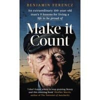 "Book titled 'Make It Count' by Benjamin Ferencz, featuring an elderly man in a cap against a barbed wire background"