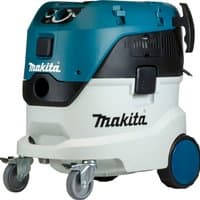 Makita VC4210MX/2 dust extractor, blue and white, 42L capacity, large wheels, control dials, and handle.