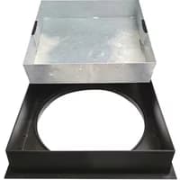 Square-to-round black and silver manhole cover with 450mm diameter and 10-ton capacity.