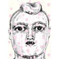"Mary Pain" graphic novel cover with black and white illustrated face, pink polka dots, and a unique hairstyle.