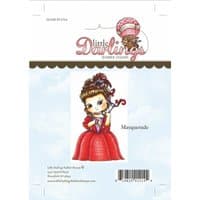Little Darlings stamp featuring a doll in a red ball gown with a masquerade mask and intricate hairstyle.