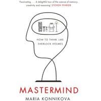 "White book cover 'Mastermind' by Maria Konnikova, features line drawing of a head with a room inside."