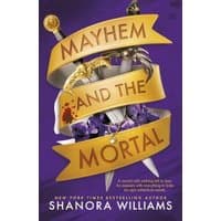 "Mayhem and the Mortal" book by Penguin Books Ltd, purple cover with gold ribbon, swords, and purple flowers.