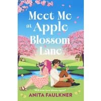 "Book 'Meet Me at Apple Blossom Lane' with illustrated couple, pink blossoms, and blue sky background by HarperCollins"