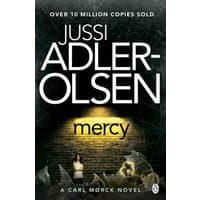 Black cover of "Mercy" by Jussi Adler-Olsen, featuring a woman in a spotlight and shattered glass effect.