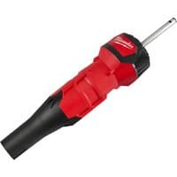 Red and black Milwaukee M18 FOPH-BA Fuel QUIK-LOK leaf blower attachment with a cylindrical nozzle.