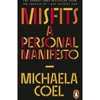 "Black book cover titled 'Misfits: A Personal Manifesto' by Michaela Coel with bold red and yellow text"