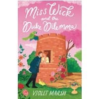"Book cover of 'Miss Wick and the Duke Dilemma' with a couple by a brick tower, surrounded by colorful flowers and birds."