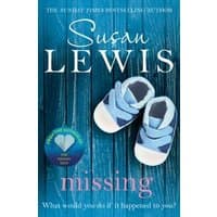Blue book cover titled "Missing" by Susan Lewis, featuring baby shoes and a heart-shaped award badge.