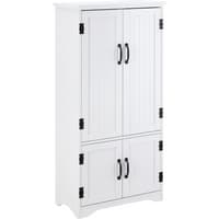 White freestanding storage hutch with two large upper doors, two small lower doors, and black handles.