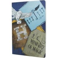 A4 unlined cahier with Harry Potter motifs, featuring an owl, keys, Hogwarts letter, and Ministry of Magic design.