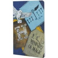 A5 lined cahier with Harry Potter-themed cover, featuring owl, keys, Hogwarts letter, and Ministry of Magic design.
