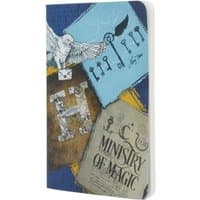 A6 grid cahier with Harry Potter theme, featuring owl, keys, Hogwarts letter, and Ministry of Magic text on blue cover.