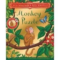 "Monkey Puzzle children's book with illustrated monkey, butterfly, and vibrant jungle foliage on the cover"