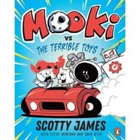 "Children's book 'MOOKi vs The Terrible Toys' with cartoon characters in a red car on a vibrant blue background"