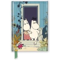 Foiled pocket journal featuring Moomins at a blue door, surrounded by colorful flowers, with a green ribbon bookmark.