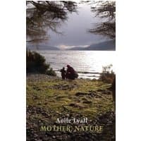 Book cover "Mother, Nature" with figures by a lake, surrounded by trees, under a cloudy sky.