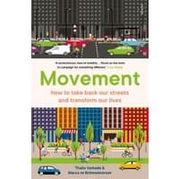 "Book titled 'Movement' with cityscape illustrations, cars, and bicycles on cover, by Thalia Verkade and Marco te Brömmelstroet"