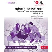 Purple and white cover of "MOWIE PO POLSKU" exercise book, B1 B2 level, featuring illustrated group of people.