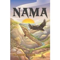 Book cover of "Nama" featuring an eagle soaring over a desert landscape with a sunset and mountains in the background.