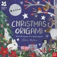 National Trust Christmas Origami kit, blue cover with festive animals, trees, and Santa's sleigh, includes 50 sheets.