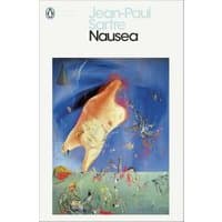 "Book cover of 'Nausea' by Jean-Paul Sartre featuring abstract art with a distorted figure on a blue background"