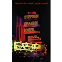 "Night of the Mannequins" book with neon marquee lights and bold yellow title on a dark background.