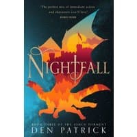 "Nightfall book cover with a fiery dragon silhouette against a night sky, castle in the background, by Den Patrick"