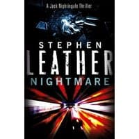 "Stephen Leather's 'Nightmare' book cover with abstract dark imagery and bold white and blue title text"