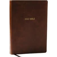Brown Leathersoft NKJV Foundation Study Bible with wide margins, gold lettering, and red letter text.