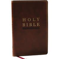 Brown leathersoft NKJV New Testament with super giant print, red letter text, and gold embossed title.