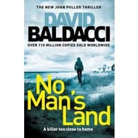 "Book cover for 'No Man's Land' by David Baldacci, featuring a lone figure on a stormy beach with bold yellow title text"
