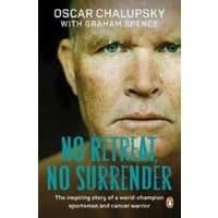 Book cover featuring a close-up of a man's face with text "No Retreat, No Surrender" in bold blue letters.