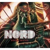 "Nord board game with Viking warrior illustration, arrows, and bold textured title on the cover"