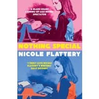 "Book titled 'Nothing Special' by Nicole Flattery with pink and blue retro-style cover art of a woman typing."